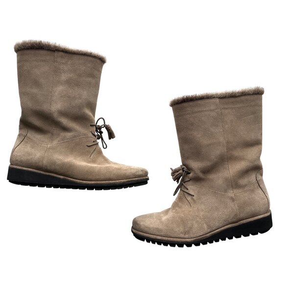 Stuart Weitzman Sockette Boots Taupe Mid-Calf Suede Faux Fur Lining Tassel 8 - Picture 2 of 9